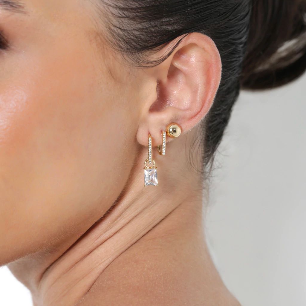 Trio de Brincos Mix com Pedras Retangular Cristal - Banho a Ouro 18k