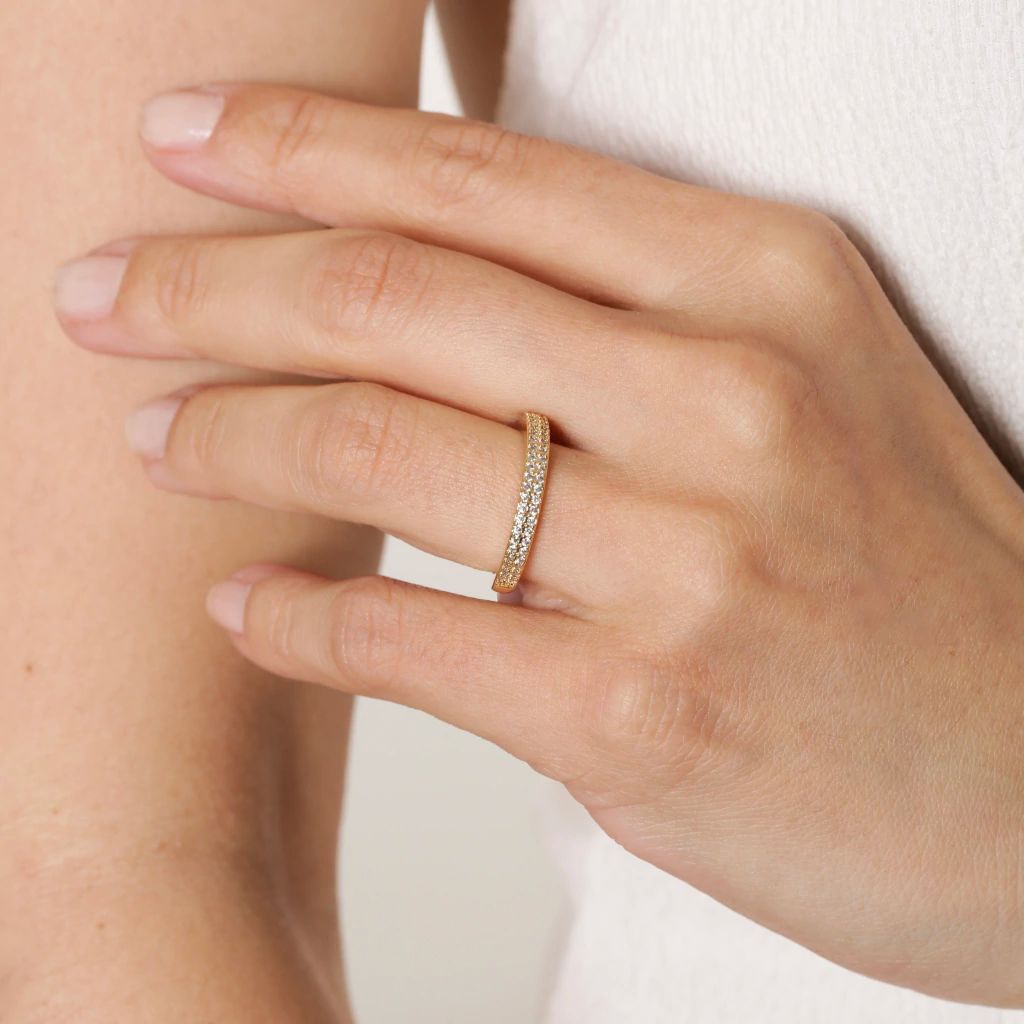 Anel Meia Aliança Zircônia - Banho a Ouro 18k