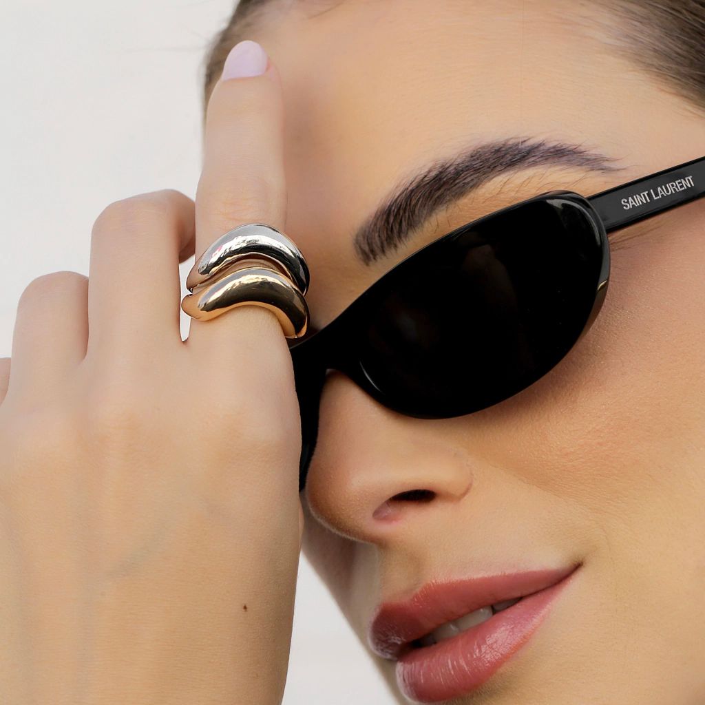 Anel Onda Liso Max Ajustável - Banho a Ouro e Ródio