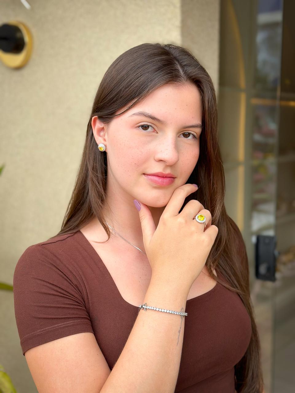 Conjunto Redondo Cravejado na Zirconia Citrino - Banho a Ródio - Imagem 2